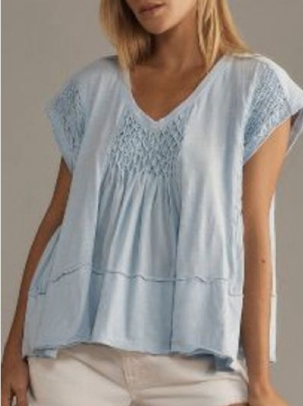 Anthropologie Light Blue Smocked V-Neck Short Sleeve Top